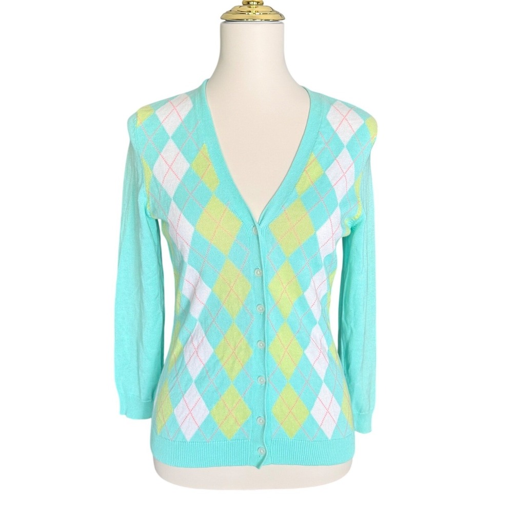 Michael Michael Kors Argyle Cardigan Sweater Aqua Mint Green Yellow Women Small
